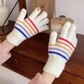 Rainbow striped knit touchscreen gloves with thumb and index finger openings for women - One Size / White