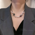 Collar de perlas y acero con colgantes de corazón de dibujos animados verde y rojo - Estilo Colgante Dibujos Animados Empalme de Perlas (54# Plata-Perla)