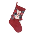 Christmas dog bone stocking in red burlap fabric with HO HO HO embroidery and plaid cuff - HO HO HO Bone Tag / Red Burlap Style