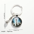Detailed macro view showing the size dimensions of the silver chess queen keychain pendant - Round Glass Pendant Style 2 / Silver/Blue Black