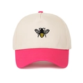 Detailed view of bee embroidery on a color-block baseball cap with contrast brim - Rose Red