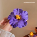 Elegant purple gauze flower hair clip with yellow pistils and layered petals for women - Purple Hibiscus