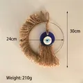 Decorazione da parete boho in iuta con malocchio e nappe intrecciate, misura 30x24cm - Decorazione da Parete Malocchio Blu in Corda di Canapa e Anello in Ferro