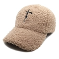 Beige Sherpa baseball cap with faith cross embroidery for warm winter outdoor wear - M (56-58cm) / Khaki