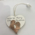 Heart-shaped wooden Christmas ornament with couple silhouette and white beads - Wooden Heart-Kissing Silhouette (7856)