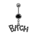 Silver belly button ring featuring a dangling pendant with black stones spelling BITCH - Black