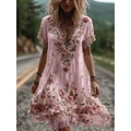 Pink V-neck bohemian dress with 3D rose floral embroidery and textured fabric - S / Pink 3D Roses (SJWJL-VDQ-04)