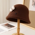 Cute brown lamb wool bucket hat with red polka dot bow and animal face on wooden stand - M (56-58cm) / Dog Style / Brown