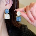 Boucles d'oreilles géométriques asymétriques style français en résine marbrée bleu et blanc - Marbre Géométrique Bleu Blanc (34#)