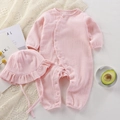 Pink cotton muslin baby romper with side snaps and matching ruffle hat set - Pink / 66cm
