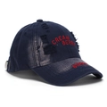 Close-up of navy blue distressed baseball cap with red Cream Berry embroidery detail - One Size / Dark Blue