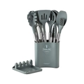 Set di 13 utensili da cucina in silicone grigio con manici in acciaio e secchiello porta - Set da 13 pezzi con secchio quadrato / Grigio