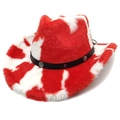Dettaglio cappello da cowboy peluche con stampa mucca bianca e rossa e borchie floreali - Parte Superiore a Cuore / Stampa Mucca Rossa e Bianca