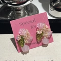 Floral stud earrings featuring pink resin flowers and green transparent leaves - Pink Flower Cluster (1964)