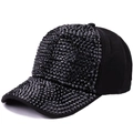 Chic black baseball cap featuring shimmering black rhinestones on the front and brim - Adjustable / Black Rhinestone Black Cloth
