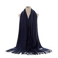 Dark blue solid color imitation cashmere scarf with tassels, warm winter fashion accessory detail. - Navy Blue