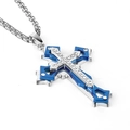 Titanium steel cross necklace with blue accents and rhinestones on white background - Iced Out Blue Silver Cross