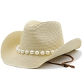 Cappello da cowboy in paglia con catena di perle e sottogola regolabile per il sole - M (56-58cm) / Beige
