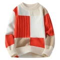 Herren Rundhals-Strickpullover mit Zopfmuster in Orange und Beige im Colorblock-Design - M / Orange