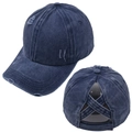 Retro washed navy denim baseball cap with criss-cross ponytail hole and distressed details - Navy Blue
