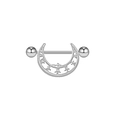 Detailed view of silver moon and star nipple ring with barbell and celestial pendants - Moon Star Style