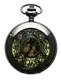 Klassische schwarze mechanische Taschenuhr mit Skelett-Zifferblatt und goldenem Uhrwerk - Römische Ziffern / Schwarz