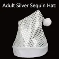Detail of silver sequin Christmas hat with plush white trim and 40x29cm size labels - Adult Silver Sequins Hat