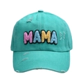 Mint green distressed cotton baseball cap with colorful MAMA towel embroidery - Fruit Green - Colorful Letter MAMA Baseball Cap