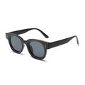 Retro black oval sunglasses for women with glossy frames and silver rivet accents - Black Frame Grey Lens