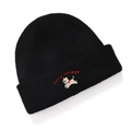 Black knit beanie featuring embroidered puppy and Lucky PLPLEGG text with thick texture - Black Hat