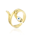 Adjustable gold snake ring with evil eye enamel detail and scale texture on white background - Blue Evil Eye Style (12273)