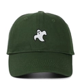 Close-up of white ghost embroidery on dark green cotton twill baseball cap fabric - Adjustable / Army Green