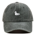 Detailed close-up of squirrel embroidery on a vintage washed cotton baseball cap - Army Green