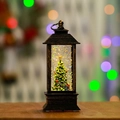 Bronze retro Christmas lantern featuring a green Xmas tree and glittering snow inside - Water Injection Brushed Gold Christmas Tree