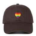 Close-up of rainbow heart embroidery on dark brown cotton twill baseball cap - Coffee