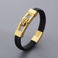 Men's braided black leather bracelet featuring a geometric gold steel clasp - Style C Gold