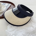 Chic beige straw open top sun hat with wide black fabric brim and metallic logo detail - Lens Visor / Black Trim Beige