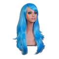 Vibrant blue long wavy wig with side bangs on a mannequin head, professional 70cm hair piece - Sky Blue