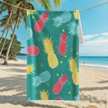 Double-sided microfiber beach towel with tropical pineapple print in deep teal - B109-Tropical Style Pineapple Print