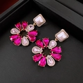 Vintage floral drop earrings with rose pink rhinestones and pearls on a gold base - Pink Rhinestone Pearl Flower Square Stud Earrings (1#)