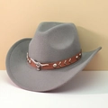 Gray felt jazz hat with a brown leather band and metallic ox head logo ornament - M (56-58cm) / Grey (Khaki Bull Head Band)