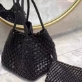 Handwoven black leather bucket bag with matching zipper pouch and long woven shoulder strap - 17*14*15cm / With Small Pouch / Black