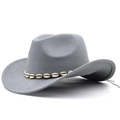 Sombrero de vaquero de fieltro gris con ala ancha levantada y banda decorativa de caracoles - M(56-58CM) Ajustable / Gris claro