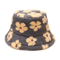 Winterlicher flauschiger Fischerhut aus grauer Lammwolle mit gelbem Blumenmuster für Damen - M / Grau mit gelben Blumen
