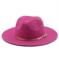 Detail of fuchsia woven straw hat with golden metal band buckle on white background - M (56-58cm) / Rose Red