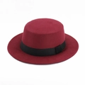 Classic burgundy flat top wool felt boater hat with black ribbon band for adults - S / Burgundy