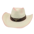 Women's woven straw cowboy hat in cream and pink gradient with bull head leather band - Gradient Edge Gold Bull Head (With Wind Rope) / Cream