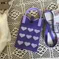 Purple knitted panda phone bag with heart pattern and adjustable shoulder strap - Purple Heart Black Button