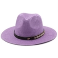 Detail of purple woven fedora hat featuring black leather band and metal rivet accent - M / Taro Purple