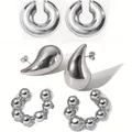 Three-piece silver polished geometric C-shape and droplet stud earring set for women - Silver Polished Jewelry Trio (6183501HB)